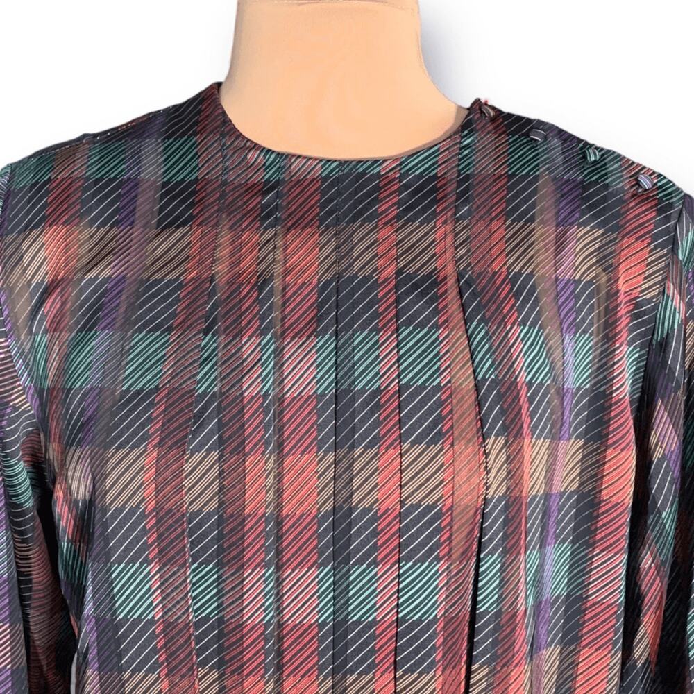 Vintage Notations Burgundy Plaid Blouse Satin Button Shoulder Long Sleeve Large